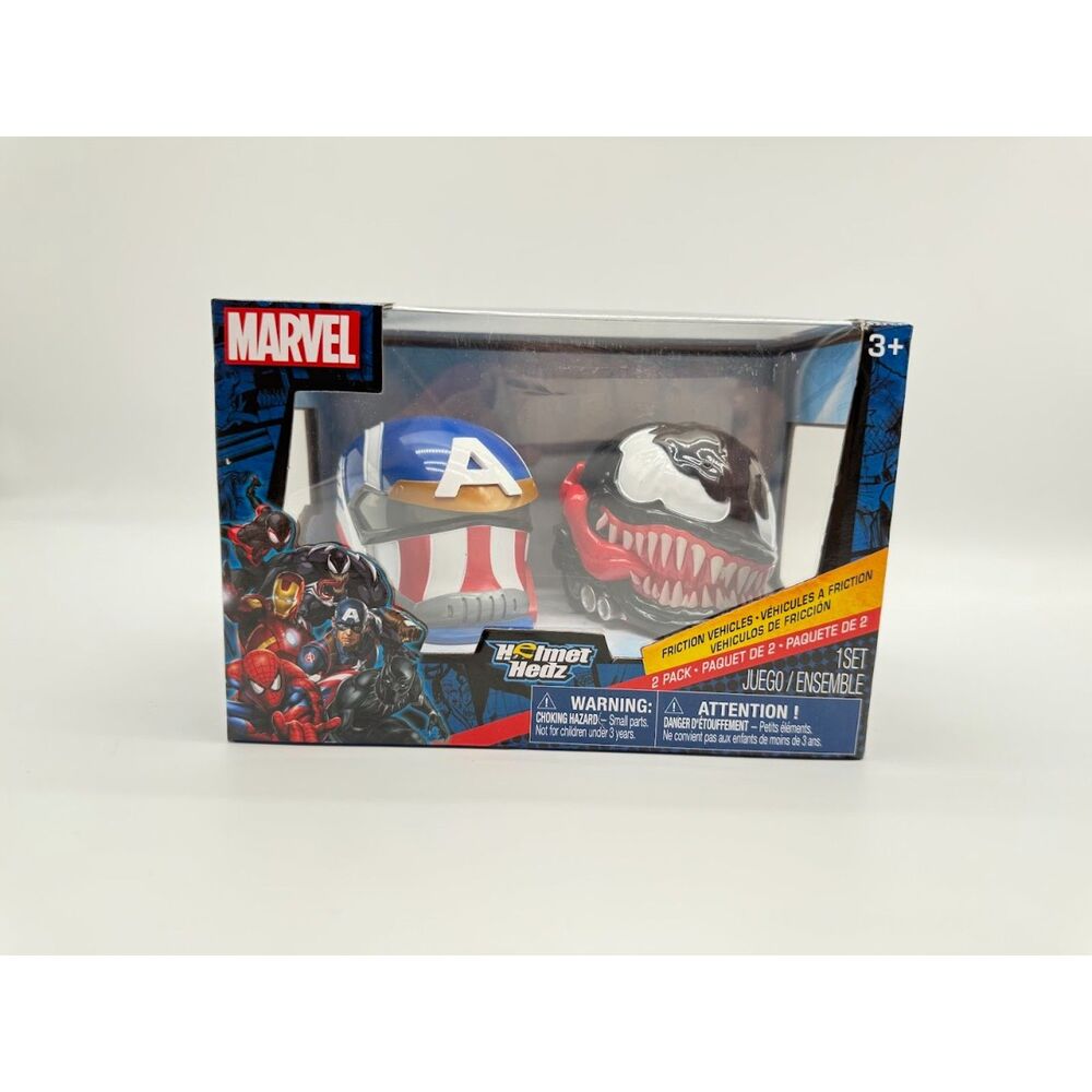 Marvel Helmet Hedz Friction Vehicles featuring Captain America and Venom.